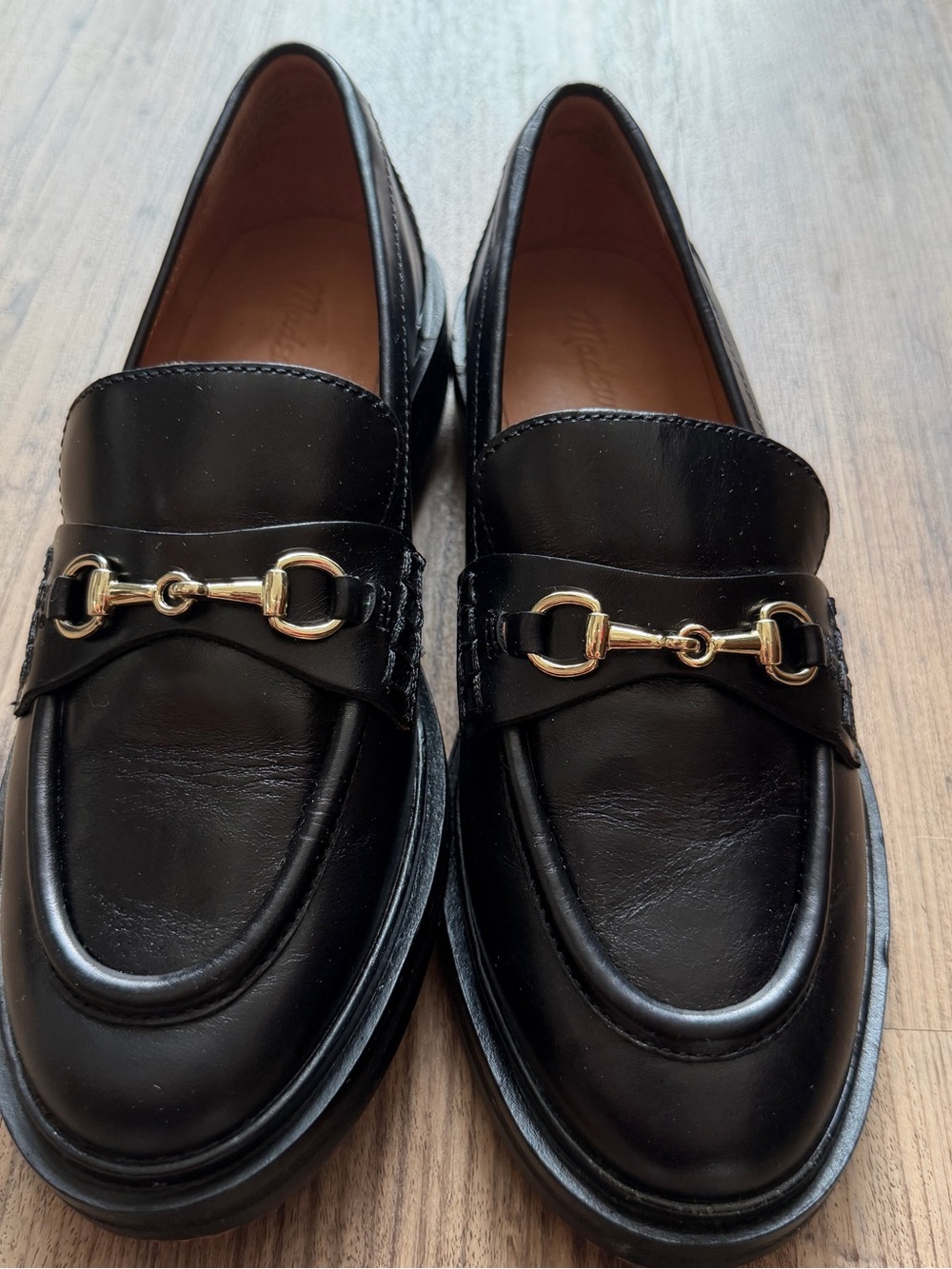 Madewell Black Leather Loafers with Gold Horsebit